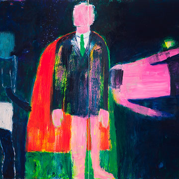 abstract painting of a figure wearing a suit jacket and green tie on a dark background
